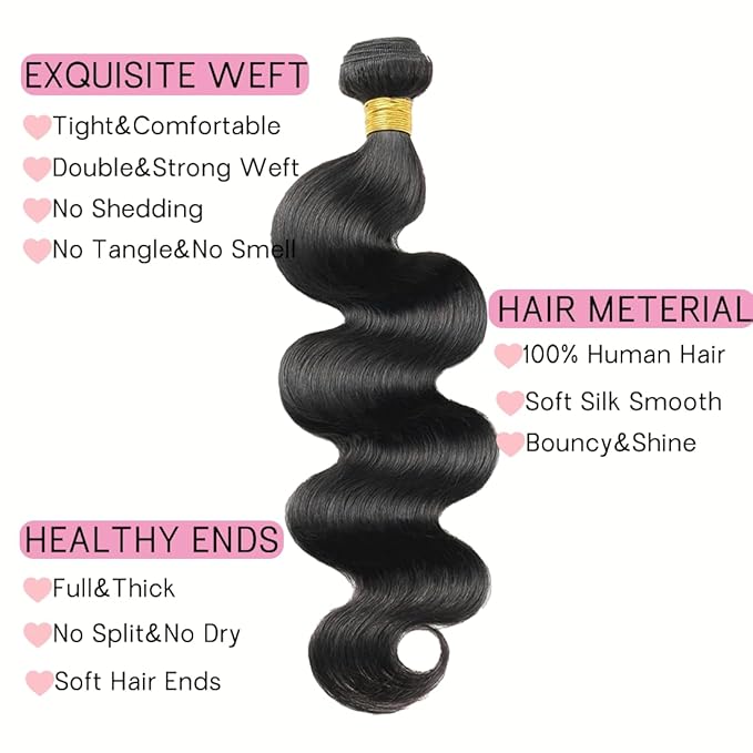 Body Wave Bundles Human Hair 16 16 16 3 Bundle Human Hair 100% Brazilian Hair Weave Bundles Deals Real Human Hair Extensions Natural Black Color