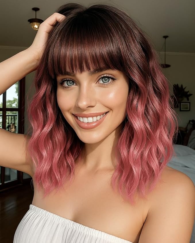 WAVE&BREEZE Short Ombre Pink Wigs with Bangs 14Inch Wavy Curly Bob Hair Wig for Women Shoulder Length Natural Looking Hair Replacement Wig for Daily Party Cosplay Costume Halloween