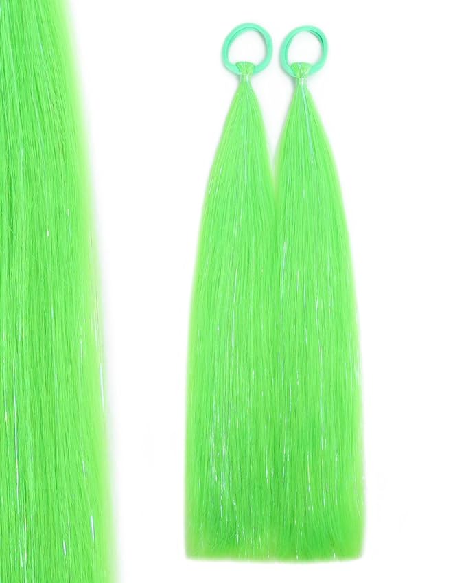 Colored Hair Extensions Neon Green Ponytail Extension 2 Packs, 20 inch Crazy Hair Day Accessories for Women, DIY Festival Wacky Rave Braids,Tinsel Mixed