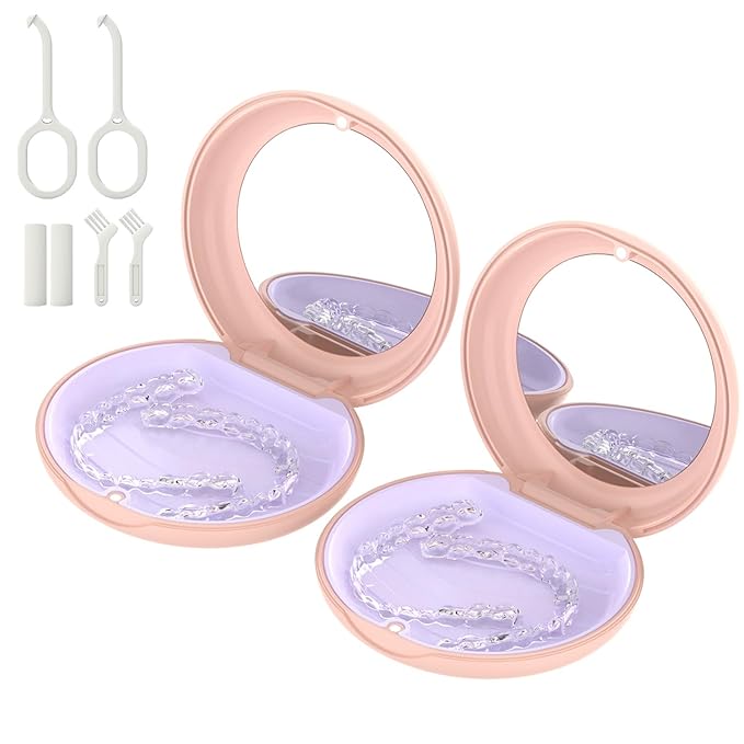 2Pack Retainer Case with Mirror, Compatible with Invisalign, Orthodontic Aligner Case with Removal Tool and Brush, Pink