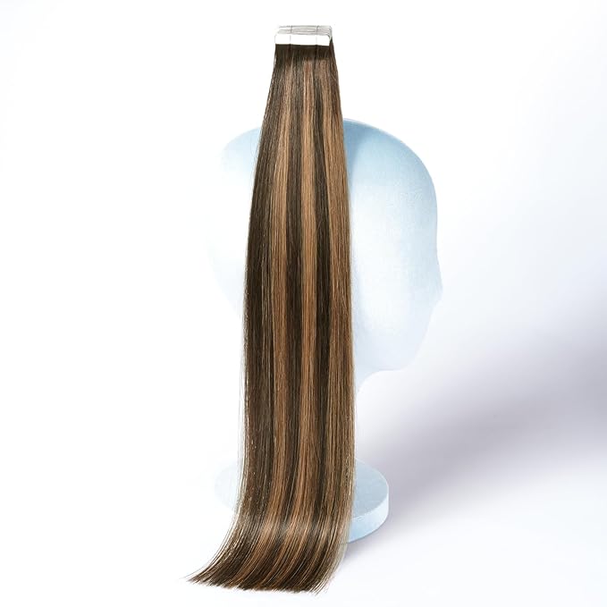 DNE Tape in Hair Extensions Real Human Hair 18 inches 20Pcs/50g/Pack Seamless Dark Brown to Chestnut Brown#T4-P4/27 Straight Invisible Double Sided Tape in Hair Extensions for Women/Girls