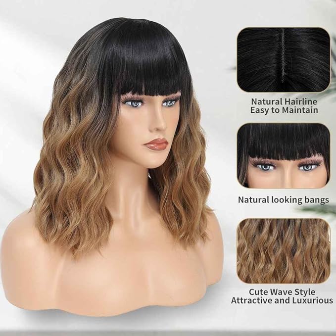 WAVE&BREEZE Bob Wig with Bangs Short Wavy Wigs for Women Medium Length Black To Brown Daily Hair Natural Looking Heat Resistant Synthetic Fibre Cosplay Party Halloween Costume Wig