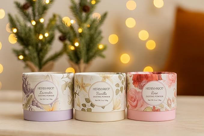Herb & Root Talc Free Body Dusting Powders. Rose, Vanila, Sandalwood, Lavender, Jasmine, and Gift Sets (Travel Size, Lavender, Rose, Vanilla, Puff)