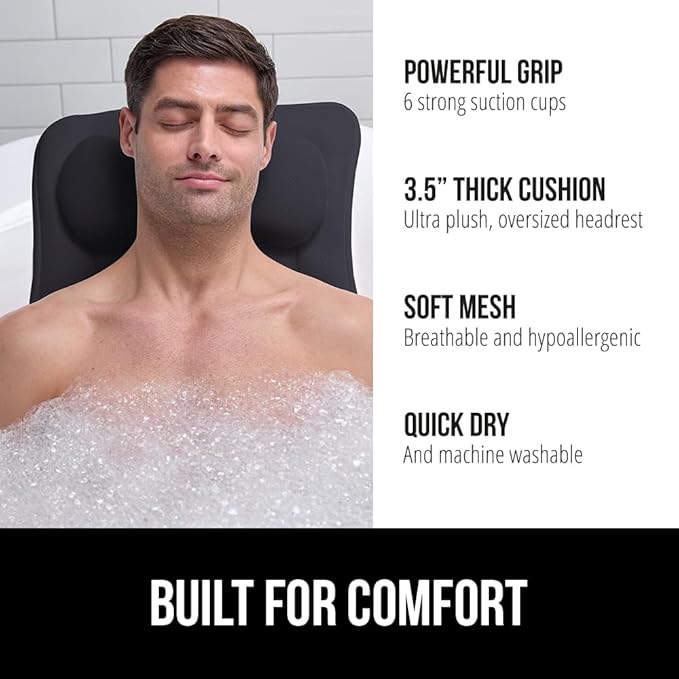GORILLA GRIP Bath Pillow for Tub with Powerful Suction Cups, Headrest Pillows for Neck and Back Support, Machine Wash, Bathtub and Hot Tub Accessories, Relaxing Spa Gift Essentials for Women, Black