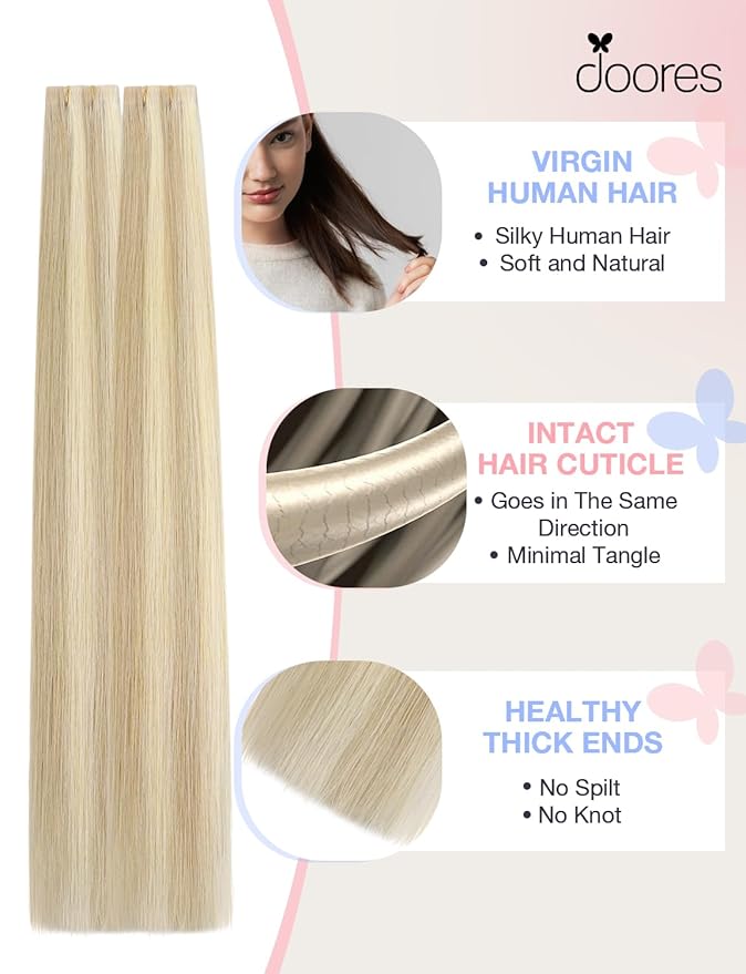DOORES Invisi Edge Tape in Hair Extensions, Dark Blonde Highlighted Bleach Blonde 10 Injection Tape-ins with 10 Injection Tape-ins 50g 14 Inch, Injected Tape in Extensions