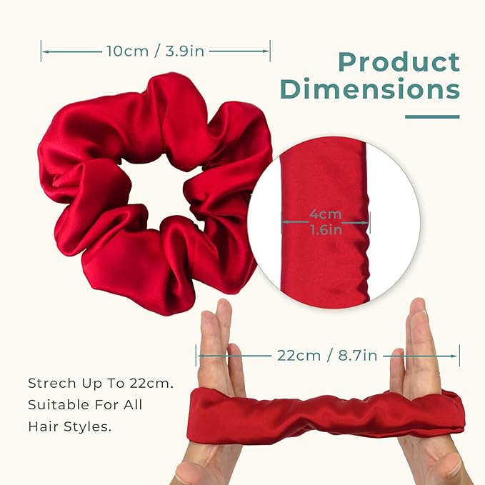 Pure Silk Scrunchies, 100% Mulberry Silk Hair Elastic for Women, Anti-Crease, Gentle on Hair (1, Red)