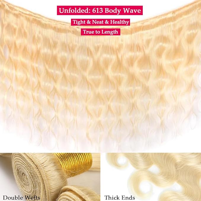 613 Bundles Blonde Human Hair Body Wave Single Bundle 14 Inch 100% Unprocessed 12A Grade Brazilian Virgin Hair Extensions for Women Double Weft Quick Weave No Tangle