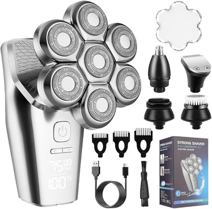 Head Shavers for Bald Men 5 in 1 Electric Shaver Detachable 7D Rotary Shavers, Nose Ear Face Hair Trimmer with Clippers IPX8 Waterproof Cordless High Speed Motor Rechargeable Head Shaving Machine