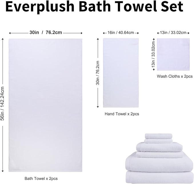 Everplush Classic 6 Pcs Luxury Bath Towels Sets,Highly Absorbent and Quick Dry Extra Large Bath Towel, Super Soft Towel for Bathroom, Pool, Swim (Porcelain White, Bath Towels 6PK)