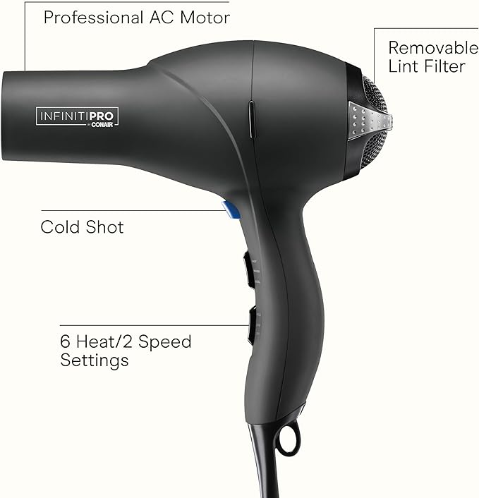 Infiniti PRO CONAIR Hair Dryer with Diffuser, Professional AC Motor, Tourmaline Ceramic Technology Blow Dryer, Includes Concentrator and Blowout Brush, Amazon Exclusive, Gray