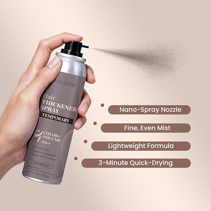 VOLLUCK Hair Colored & Thickening Spray Dark Brown,Temporary Coloring Hair Thickener for Root Touch Up Spray, Grey Coverage Root Concealer for Women & Men, | Volumizing & Thickening |