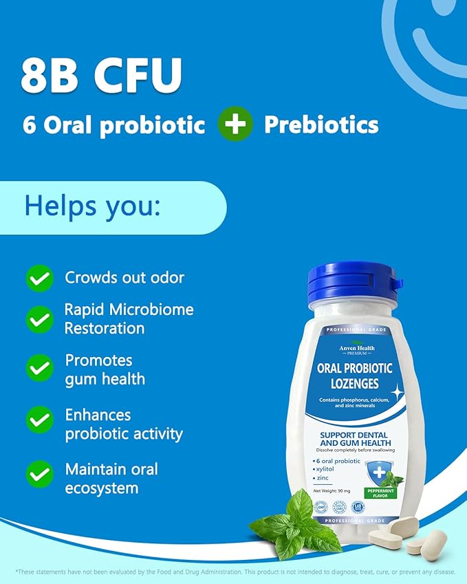 Oral Probiotics Lozenges for Mouth Bad Breath & Gum Repair - 6 Strains with Prebiotic, Zinc & Ca for Dry Mouth Relief, Enamel Shield, Mint Flavor with Xylitol - 90 Lozenges, Sugar-free