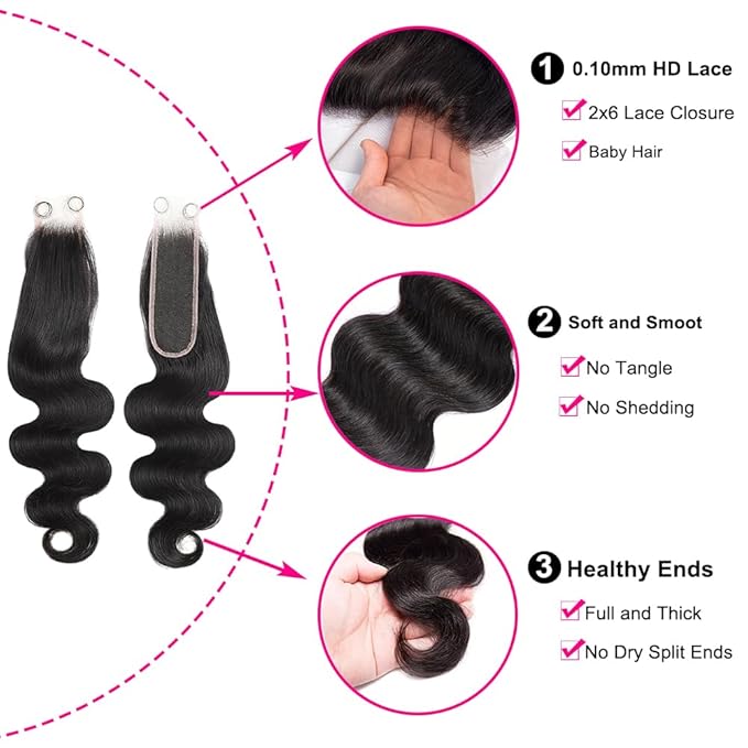 2x6 HD Lace Closure Body Wave Transparent Hd Lace Closure Human Hair 0.10Mm Ultra-Thin 2X6 HD Lace 14Inch 100% Brazilian Virgin Middle Part Pre Plucked With Baby Hair Natural Color