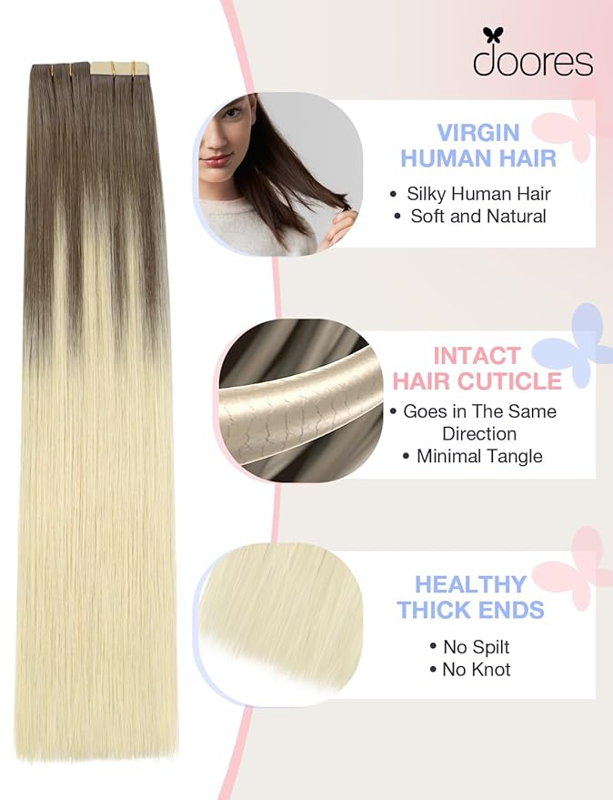 DOORES Invisi Edge Tape in Hair Extensions, Ash Brown to Platinum Blonde 10 Injection Tape-ins with 10 Classic Tape-ins 50g 22 Inch, Injection Tape in Virgin Human Hair