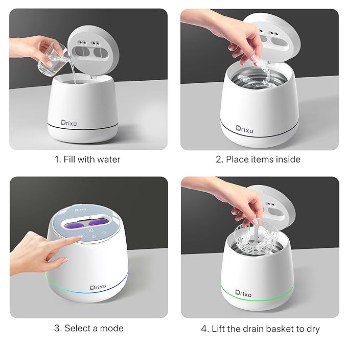 Drixo Ultrasonic Retainer Cleaner Machine, IPX6 Waterproof Dental Cleaning Pod, 3 Modes Denture Cleaner for Night Guard Mouth Guard Braces, 45kHz Denture Dome with UV Light, 200ML Tank, Arctic White