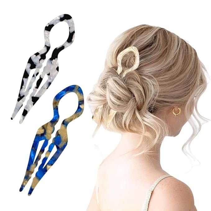 French Hair Pins for Women, Hair Pins for Majority Hair, Elegant Hair Clips for Women for Updos, Chignons French Twists, Double notch Locking Mechanism Anti-loosening Hairpins (2PCS Blue+White)