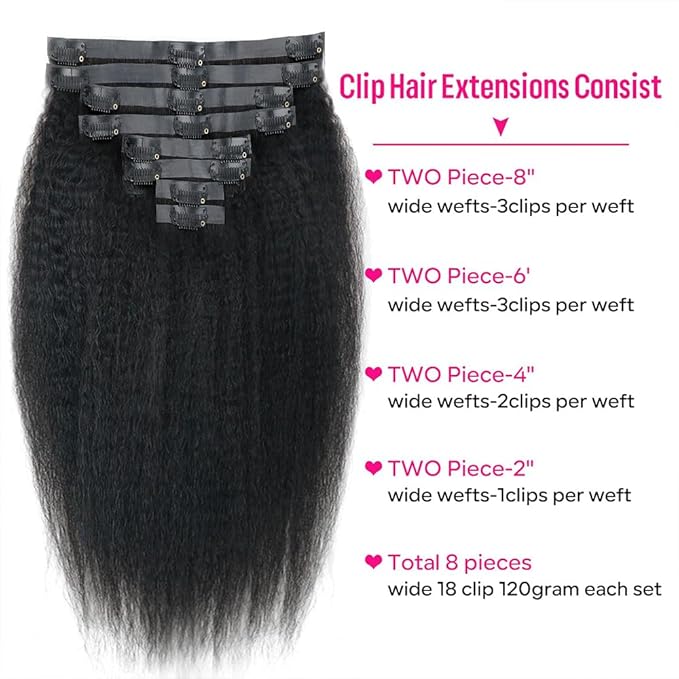 Seamless Kinky Straight Clip in Hair Extensions for Black Women Brazilian Virgin Human Hair Extensions 8Pcs Seamless Clip ins Human Hair with 18Clips Invisible PU Skin Weft 120g 26inch Natural Black