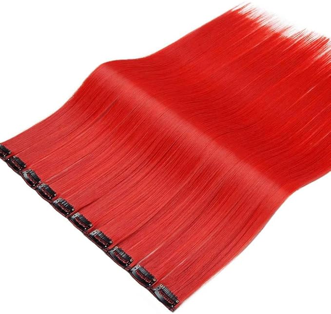 Rhyme 9PCS 21" Colored Clip in Hair Extensions Red Wig Hairpieces for Kids Girls Hair Clips Birthday and Holiday Party Highlights Dress Up hair Accessories (Red)