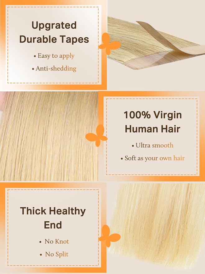 DOORES Tape in Hair Extensions, Mixed Platinum Blonde 40pcs 100g 16 Inch, Real Human Hair, Seamless Straight