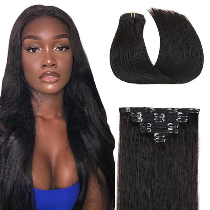18 Inch 1B Clip in Hair Extensions - Real Remy Human Hair, 120g 7pcs, Naturel Black Human Hair Extensions Clip ins for Women