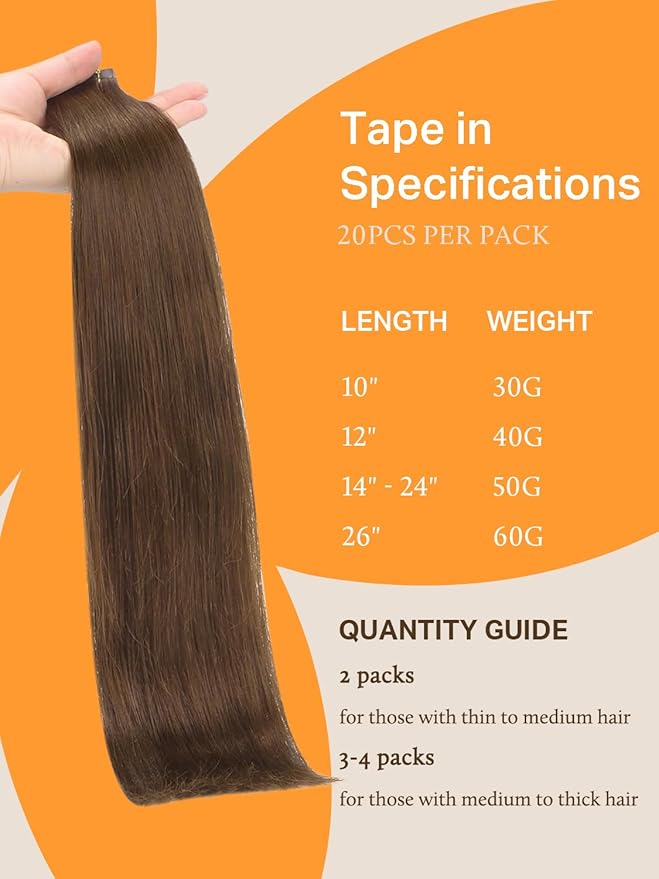 DOORES Tape in Hair Extensions Human Hair Chocolate Brown 20 Inch 20pcs 50g Remy Human Hair Extensions Straight Real Hair Extensions