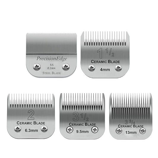 5 Pack Professional Detachable Replacement Blades set,Size（1-1/2+#2+3-1/2+3-3/4+T Outliners）Cut Length 0.1mm to 13mm,compatible with Oster Classic 76/Andis AGC,BDC,BGC,MBG Series Detachable Clippers