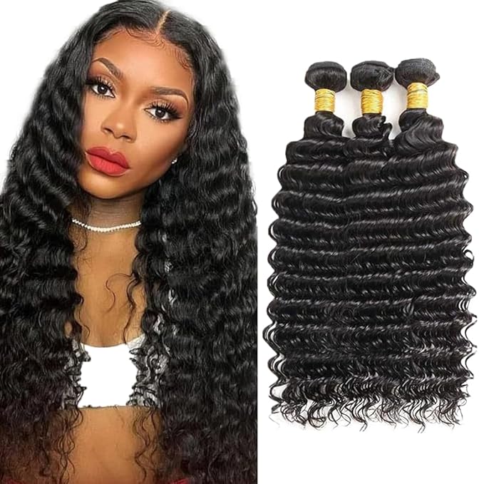 28 30 32 inch WuvuSnm Human Hair Bundles Human Hair Deep Wave Bundles Brazilian Remy Wet and Wavy Bundle #1B Color 300g