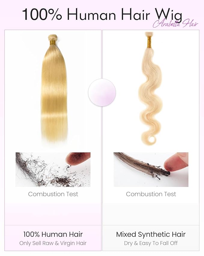 Arabella 613 Straight Bundles Human Hair 24 26 28 Inch Blonde Hair 100% Unprocessed Brazilian Virgin Hair 10A Weave Sew in Double Weft 3 Bundles Human Hair 613 Hair Extensions for Women