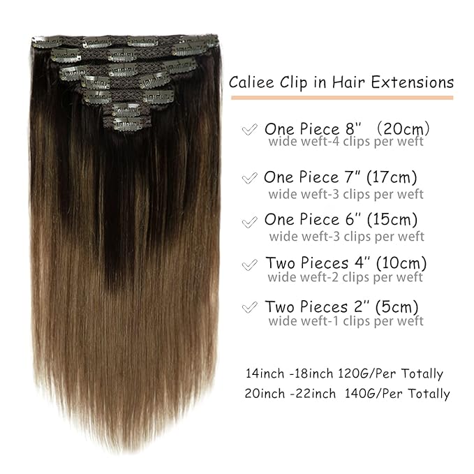 Caliee Human Hair Extensions Clip in 18Inch B2/6 Balayage Darkest Brown Fading to Chestnut Brown Clip in Hair Extensions Human Hair Straight Thick Natural Hair Extension Double Weft 7Pcs 120G