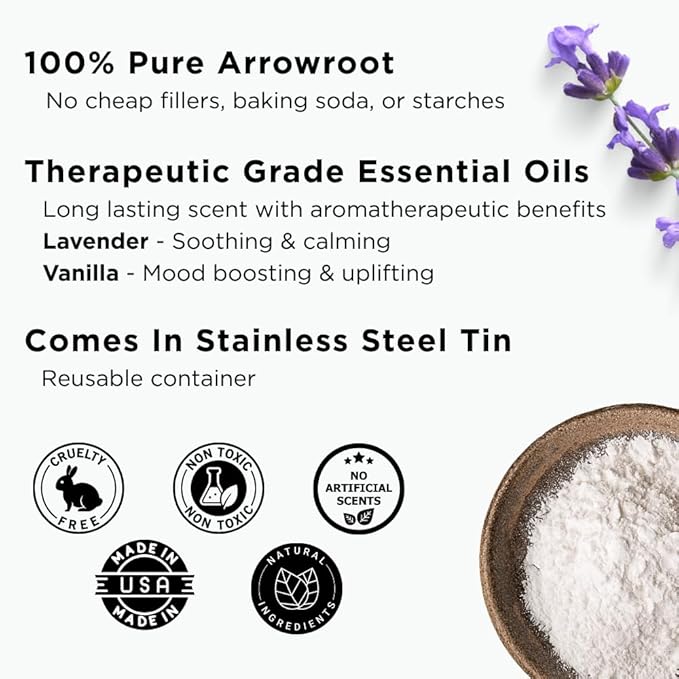 Sumbody Pure Arrowroot Natural Organic Lavender Body Powder (4oz) Talc Free Cornstarch Free, Sweat Absorbing After Shower Body Deodorant, Dusting Powder, Baby Powder Travel Size, Men, Women, Teens