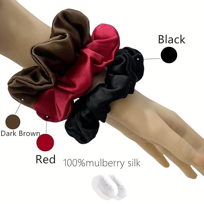Suncdelv Silk,100% Silk Scrunchies for Hair,22 Momme Hair Ties for Anti-Crease & Breakage,Natural Women Hair Accessories，Fashion Hairbands 3PCS（Red,Brown,Black）
