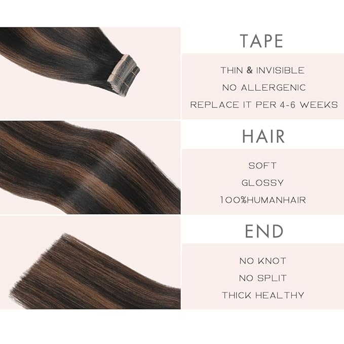 Tape in Hair Extensions Human Hair 20pcs Remy Hair Extensions Real Human Hair 18 Inch Balayage Natural Black Mixed Chestnut Brown Straight Invisible Human Hair Tape in Extensions (1B/1B/6#,18 Inch)