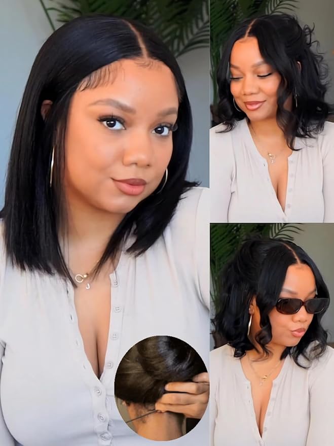 Julia Hair 14 Inch Yaki Straight Drawstring Wigs Human Hair Put On and Go Glueless Bob Wig 7x5 Bye Bye Knots Pre Plucked Pre-Cut Lace Closure Wig Beginner Friendly Black Short Yaki Bob Bleached Knots