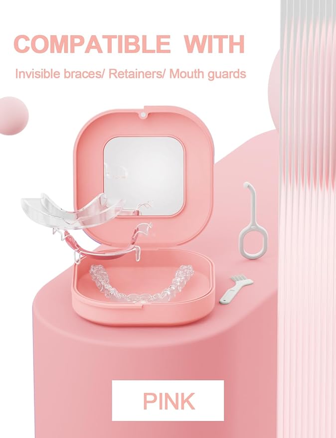 HEMILAB® Retainer Case with Mirror, Slim Aligner Case with Vent Holes, Compatible with Invisalign, Mouth Guard Box with Retainer Removal Tool, Pink