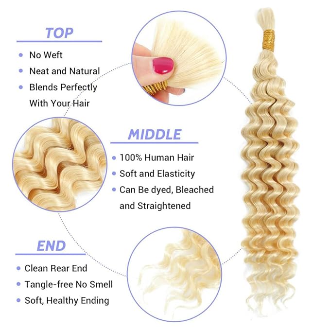 Blonde Braiding Hair 150g 24 24 24 Inch 613 Deep Curly Wave 3 Bundles Bulk Human Hair for Braiding Color 613 Blonde Braiding Hair