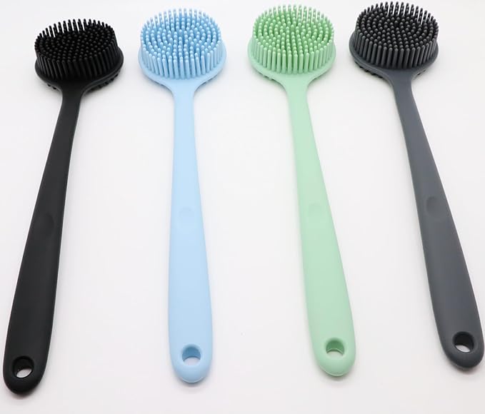 Silicone Body Scrubber With Long Handle for Shower - Exfoliating Back Brush for Men, Women & Kids - Soft Bath Scrubber With Free Hook