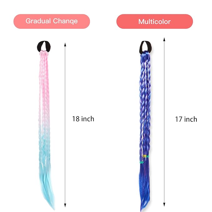 18 Inch Girls Rubber Bands Hair Extensions for Kids Crazy Hair Day Accessories Colorful Wigs Colored Braids for for Girls Women Hair with Rubber Bands Rainbow Braided Synthetic Ponytail for 12pcs