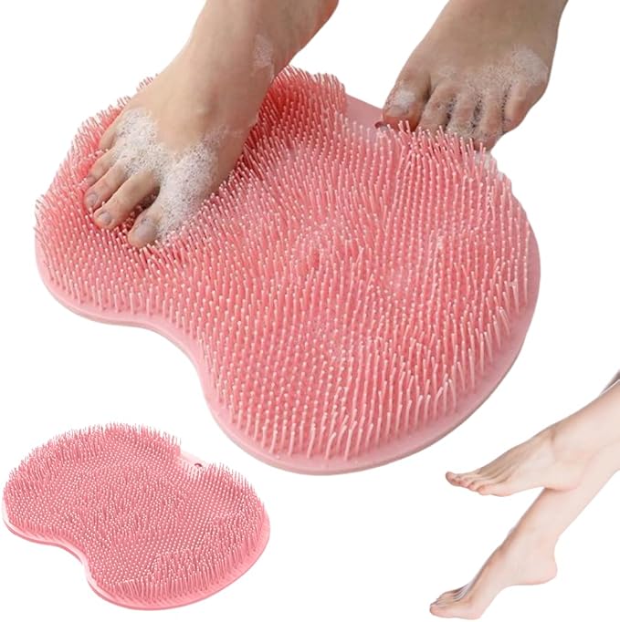 Shower Foot Scrubber Mat, 2025 New Foot Back Cleaning Pad Back Washer with Non-Slip Suction Cups, Wall Mounted Exfoliating Bath Wash Pad for Men and Women (Pink)