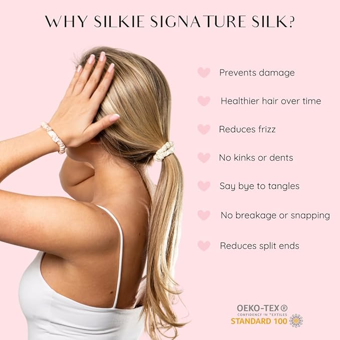 SILKIE x4 Set - Forget Satin - 100% Pure Mulberry Silk Black Brown Skinny Scrunchies Travel Pouch Everyday Hair Ties Elastics Hair Care Ponytail Holder No Damage (Chocolate)
