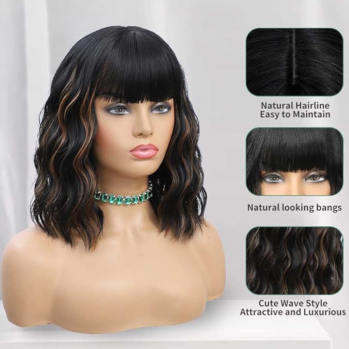 WAVE&BREEZE Black Mixed Brown Highlights Wigs for Black Women Short Wavy Curly Wig With Bangs Natural Looking Synthetic Hair Wigs Heat Resistant Fiber Wig for Daily Party