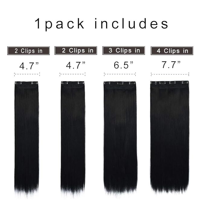 REECHO 16" Straight Short 4 PCS Set Thick Clip in on Hair Extensions Natural Black