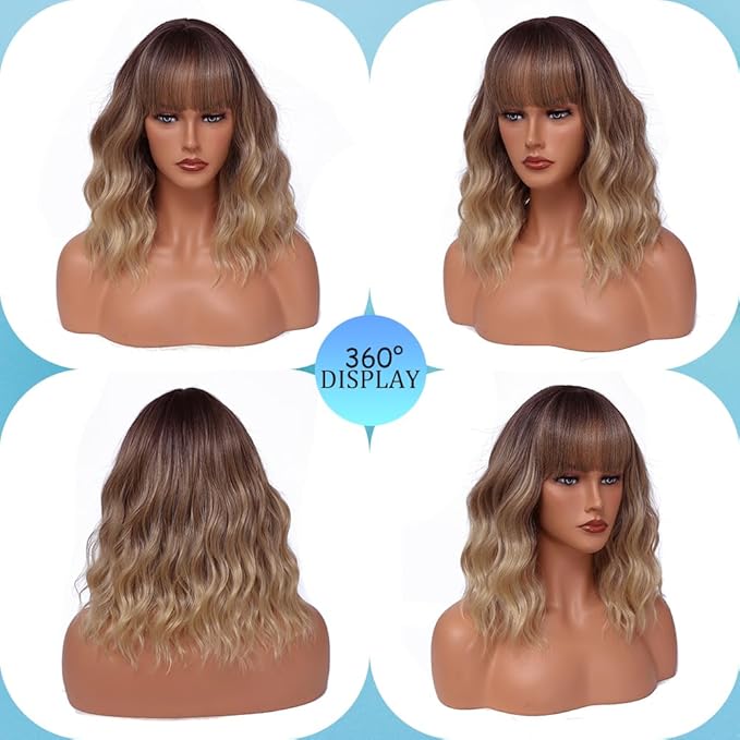 WAVE&BREEZE Short Blonde Wigs with Bangs 14Inch Ombre Blonde Highlights Curly Bob Wig for Women Shoulder Length Natural Looking Hair Replacement Wig for Daily Party Use Cosplay Costume Halloween Wig