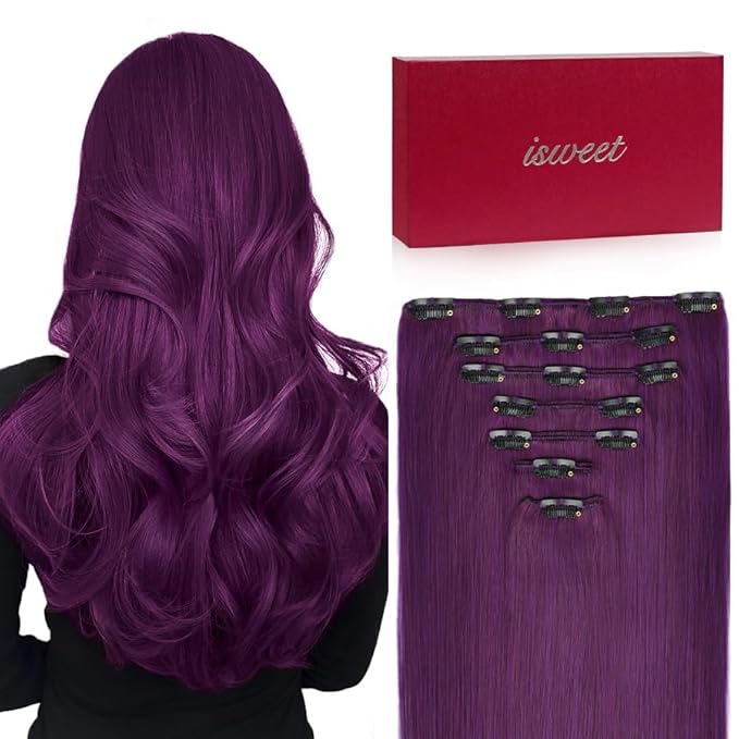 7Pcs Clip in Hair Extensions Real Human Hair, 14 Inch 95g Violet Soft Real Human Hair Extensions Clip ins, Double Weft Hair Extensions Real Human Hair for Women