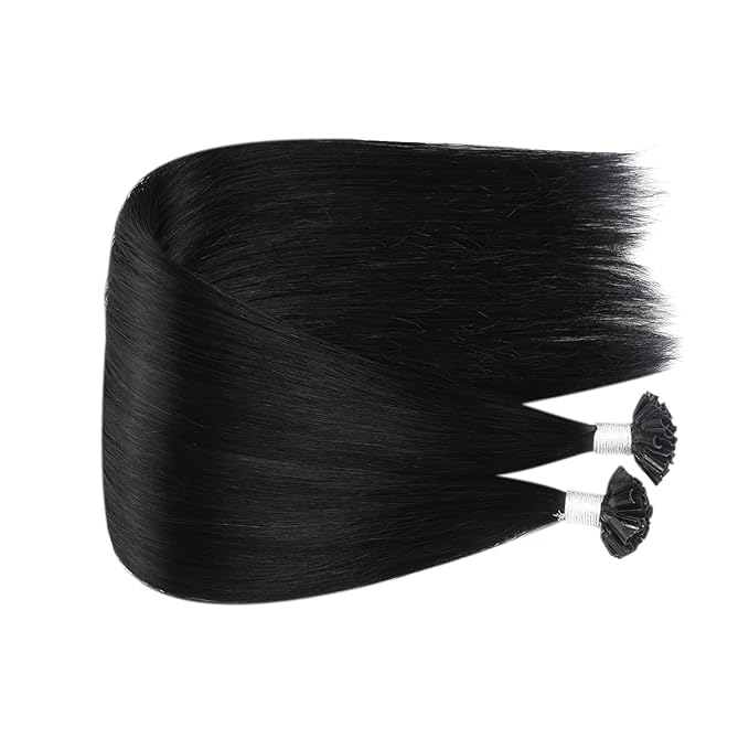 Fshine Nail Tip Hair Extensions Human Hair Jet Black 14 Inch Pre Bonded U Tip Remy Human Hair Extensions Color 1 Black Keratin Bond Real Hair Extensions Hot Fusion 50g/set 1g/s Real Hair Extensions