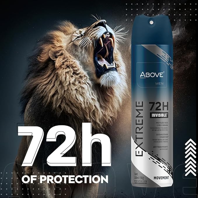 ABOVE Extreme Men Movement - 72H Deodorant Spray for Men(4 Pack) | Derma Clinical Antiperspirant, Whole Body Freshness | Long-Lasting Mens Body Spray Deodorant | No Stain, Alcohol and Aluminum-Free