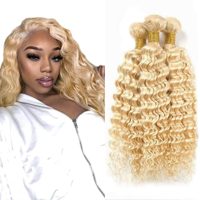 613 Deep Wave Human Hair Bundles Blonde Bundle Human Hair Unprocessed Virgin Mixed Length 3 Bundles 24 26 28 Inch Blonde Deep Wave 613 Bundle