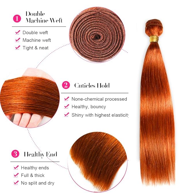 16 18 20 Inch Ginger Bundles Human Hair #350 Orange Straight 3 Bundle Unprocessed Brazilian virgin hair Weave Extensions Double Weft 50 Grams/Bundle Colored Ginger Bundles for Woman
