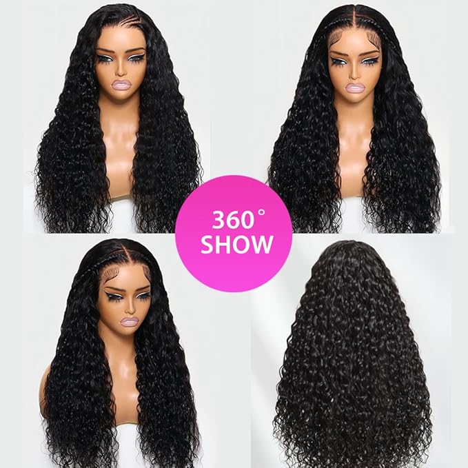 26 inch Curly 7X5 Glueless Wigs Human Hair Pre Plucked Pre Cut Pre Bleached Knots,Wear and Go Water Wave Lace Front Wig with Natural Hairline Baby Hair for Black Women 200% Density