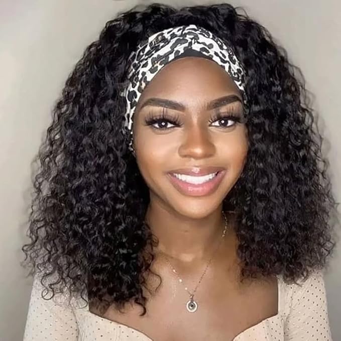 Headband Wig Human Hair Deep Wave Wigs 16Inch Brazilian Human Hair Headband Wigs for Women 180% Density Glueless Non Lace Front Wig Machine Made Curly Deep Wave Headband Wig Natural Color