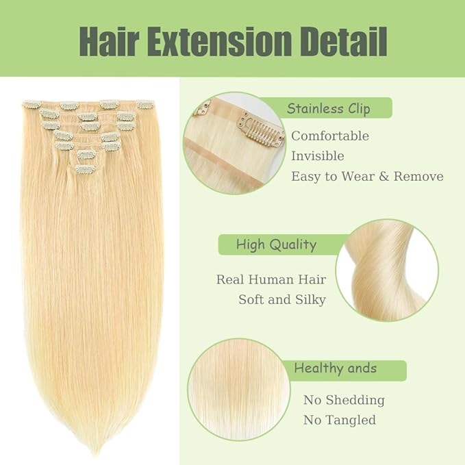 20 Inch #613 Blonde Clip in Hair Extensions - Real Remy Human Hair, 120g 7pcs, Blonde Human Hair Extensions Clip ins for Women